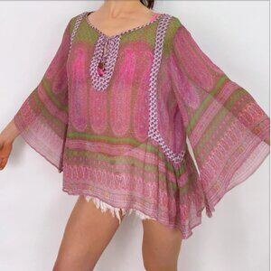 Calypso St. Barth 100% Silk Boho Tunic – Pink & Green – Size S